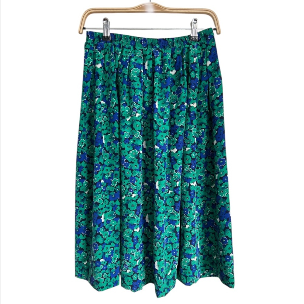 Vintage Leslie Fay Green and Blue Floral Midi Skirt Elasticized Waist Size 8